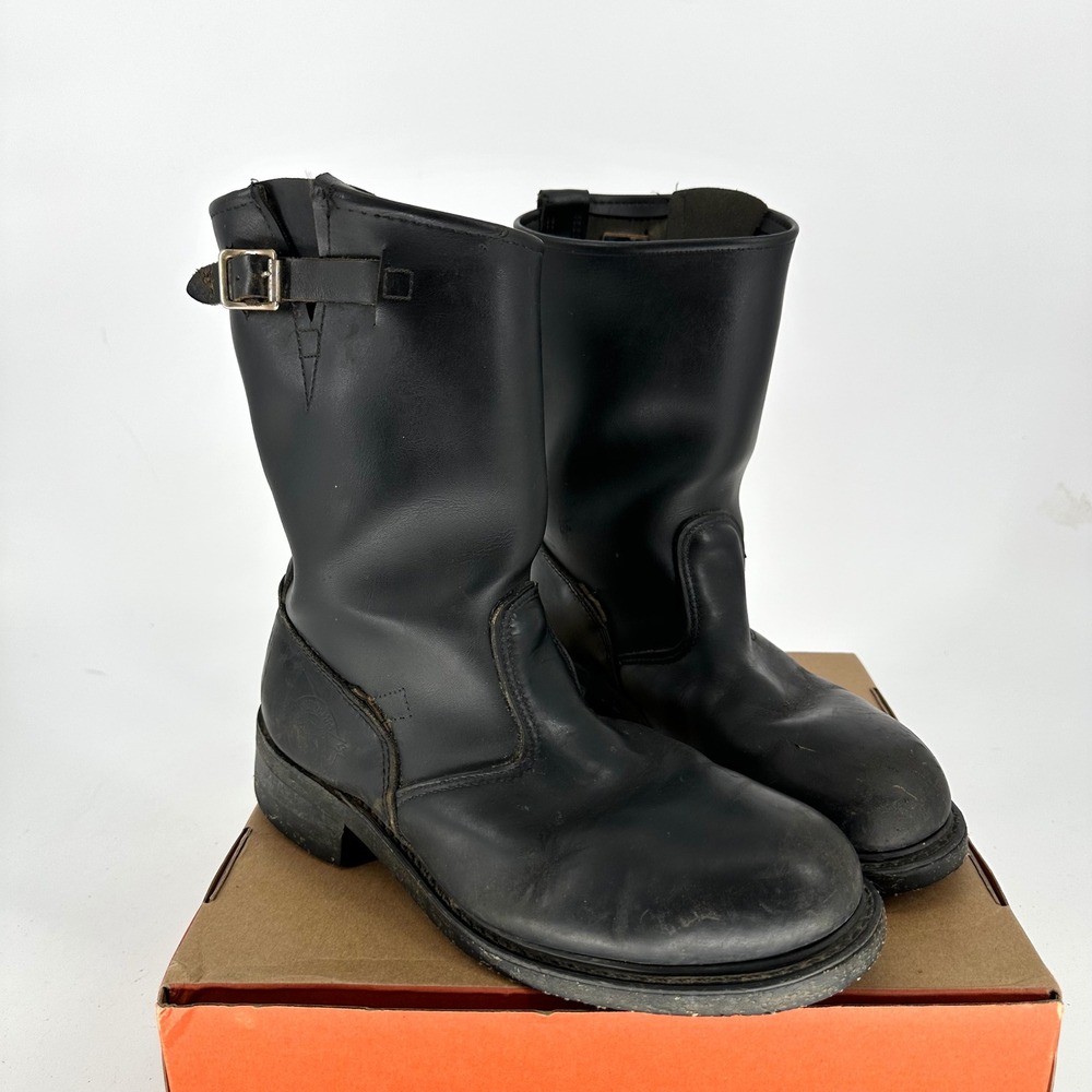 Vintage Brahma Steel Toe Engineer Black Leather Boots USA Corded Sole Men's 8.5